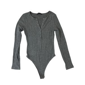 Zara women's Grey Ribbed Long Sleeve Henley Bodysuit